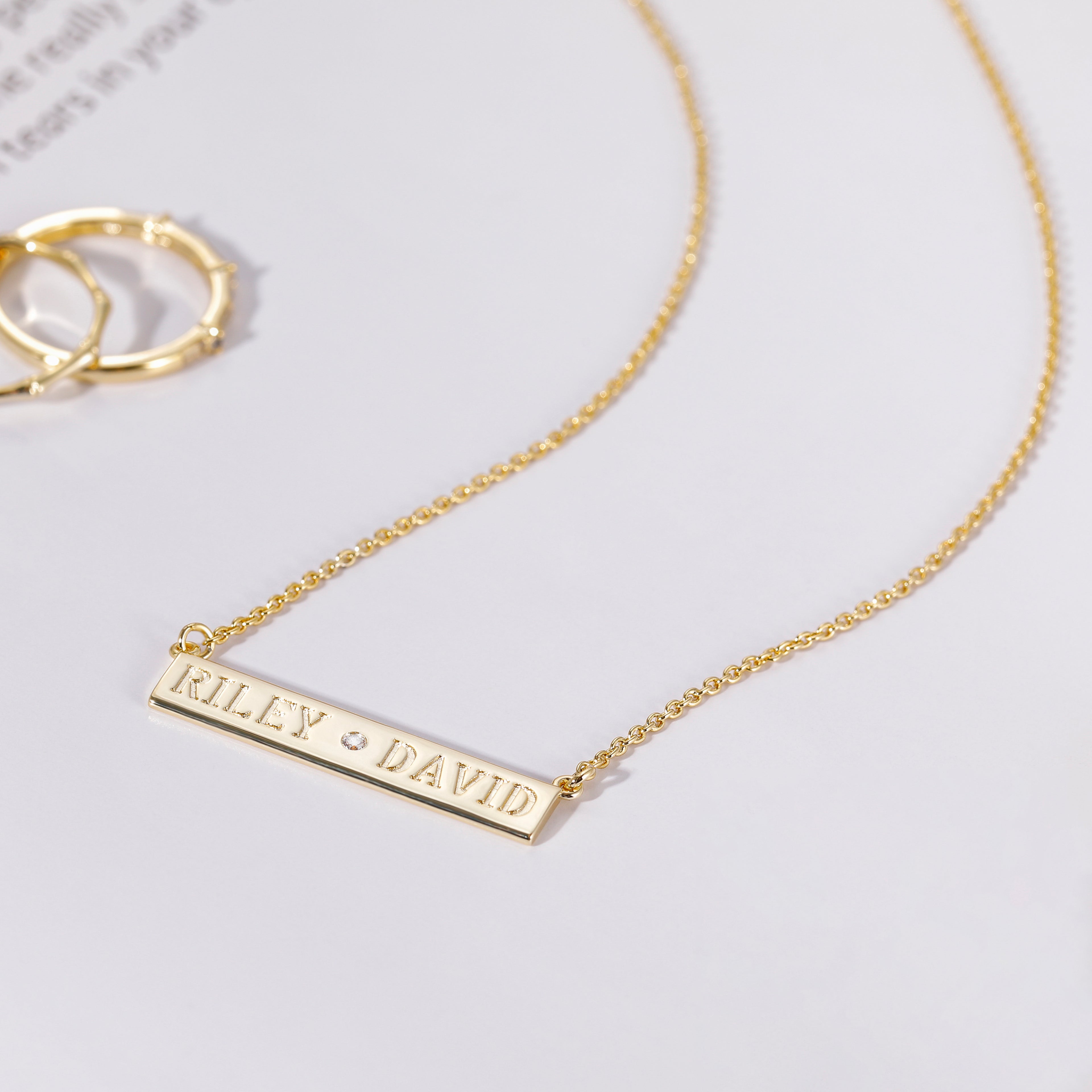 yellow gold necklace for women, name necklace, name bar pendant